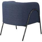 Back angled view of Jacobsen Denim Barrel Chair showing upholstered back and iron frame