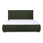 Luzon Bed with padded linen blend upholstery in dark green, solid wood frame, and neutral tone with white bedding