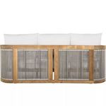 Back view of Avalon Teak Sofa focusing on vertical rope weaving and curved teak frame with three back cushions.