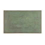 Abstract-expressionist painting with textured greenish surface and muted earth tones in a walnut frame