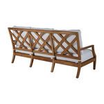 Back view of Haley Teak Sofa showing lattice teak wood backrest design and white cushion ties