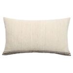 Back side of pillow with cream wool fabric and brown horizontal stripes along bottom edge