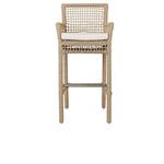 Front view showing square open weave backrest and metal footrest bar on outdoor stool
