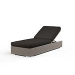 driftwood resin wicker adjustable outdoor chaise with dark gray plush cushions, reclining backrest