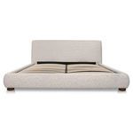 Front view of bed without mattress showing evenly spaced wooden slats and rounded upholstery