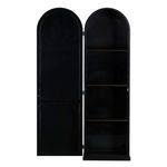Open front view showing three wood shelves inside matte black steel hutch.