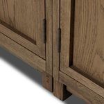 Front view of double cabinet with doors open displaying empty shelves and two drawers