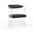 Baran Barrel Back Chair with clear acrylic curved frame, circle cutout, and black faux leather cushioned seat and backrest