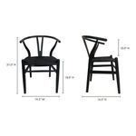 Front and side view of Ventana chair with dimensions annotated in black on white background