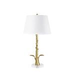 Rama Lamp table lamp with branch-like gold leaf stem, two leaves at base, white fabric shade, clear acrylic base