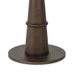 Detailed view of brown oak tulip-shaped base highlighting wood grain and rounded accent ring
