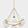 Duxbury Chandelier with smooth opaque white glass shades and gold curved bands against light gray background