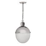 Otis Pendant with unlit opaque milk glass and shiny polished nickel top viewed from front