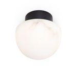 Deco inspired flush mount ceiling light with alabaster globe and oil rubbed bronze metal canopy