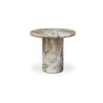 Frida Outdoor Side Table with textured, tapered concrete top and bold cylindrical pedestal base in beige and white tones