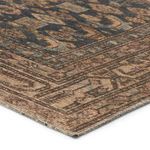 Close-up on flat weave texture and detailed brown-blue geometric border of the rug