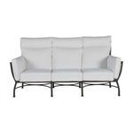 Front view of outdoor sofa with plush white cushions and wide armrests on slate gray metal frame