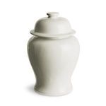 Small traditional ginger jar in bright white high gloss glaze with wide rounded body and domed lid