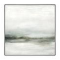 Serene landscape painting with soft gray and muted green tones blending into a calm horizon and sky
