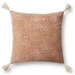 18x18 orange cotton pillow with geometric pattern and tassels on each corner