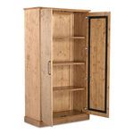 Tade cabinet open from side angle revealing three wooden shelves and black metal door frame