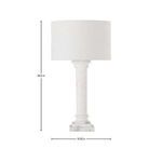 Front view of white marble lamp with height and width dimensions displayed