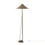 Egon floor lamp angled brass frame with round base and conical shade with power switch and cord
