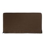 Back profile of the brown linen slipcovered queen bed showing smooth fabric headboard