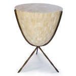 Coco Natural Bone Table with cream bone veneer top and tapered mosaic sides on black tripod metal base