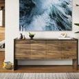 Mirror reflected in a wood panel wall with modern storage cabinet and ocean wave artwork above