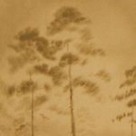Close-up detail of tree branches and leaves within the painting showing soft, blurred edges