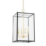 Chaselton pendant lantern with darkest blue rectangular frame, aged brass candle arms and cream candle sleeves, hanging ch...