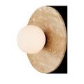 Apricity Wall Sconce with frosted white glass globe surrounded by a natural travertine disc with subtle stone texture