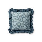 Dusky blue square throw pillow with two-toned botanical and bird pattern and romantic ruffled edges