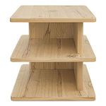 Casey side table with three square, light oak wood shelves and rounded edges supported by vertical panels