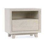 Reece Nightstand in light mango wood with one drawer and open shelf, classic straight lines and short angled legs