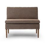 Aurelia Dining Banquette with chair and a half design in brown flax linen fabric, tapered solid oak legs in amber oak finish