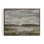 Rustic Walnut Floater painting depicting a muted landscape with marshland, dark tree line, and cloudy sky in gray and gree...