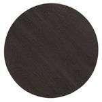 Top-down view highlighting wood grain texture on round burnt timber dining tabletop