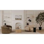 Minimalist living room with curved sofa, armchair, and coffee table centered on area rug
