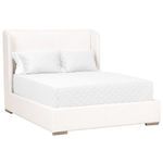 Slightly angled front view of Stewart Queen Bed with white fabric and matching pillows
