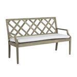 Haley Teak 60 inch outdoor bench with classic lattice back and white seat cushion