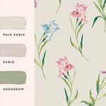 Wallpaper sample with swatches of pale sable, sable, and hedgerow paint colors beside the floral iris print