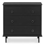 Black Reagan 3 drawer nightstand with metal ring knock handles and slender metal legs, box-like sleek frame