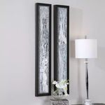 Abstract paintings shown in ambient room setting with modern floor lamp and table with flowers and decor