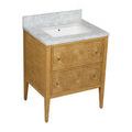 Vanity with drawer fronts open, showing divided wooden drawers under rectangular marble top