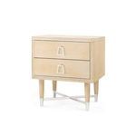 Adrian 2-drawer natural wood side table with light finish, tapered legs, silver metal accents, and geometric drawer pulls