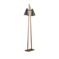 Narrow side view of single shade and solid rectangular base in antique brass finish