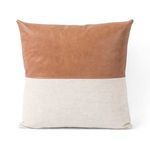 Back view of pillow showing tan leather panel on top and beige linen fabric on bottom