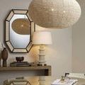 Rowan Table Lamp styled on console table in neutral room with large beaded pendant and geometric mirror